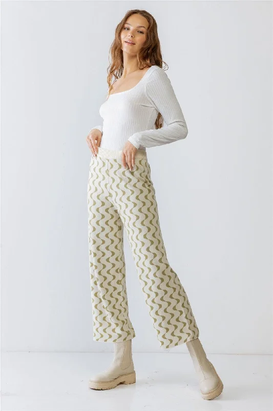 JeansCream & Green Wavy Line Print Knit High Waist Wide Leg Pants S-M-L/3-2-1