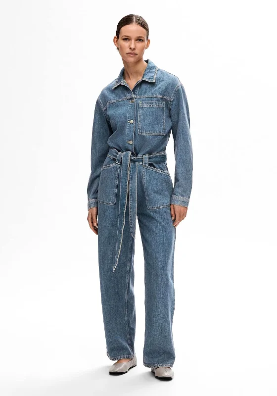 Denim backlessSelected Femme Marley Denim Jumpsuit, Mid Blue Denim