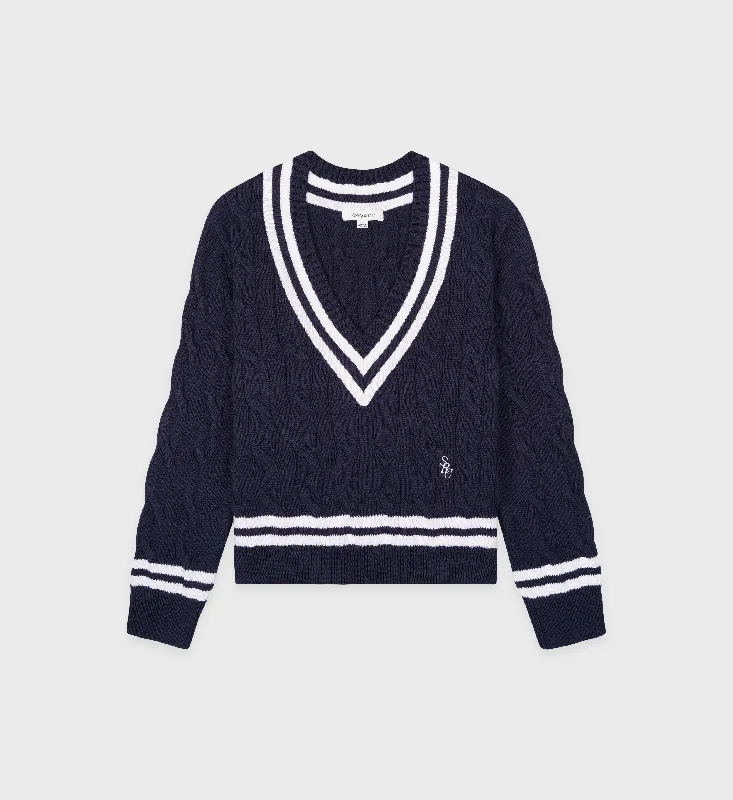 SRC Cableknit V-Neck Sweater - Navy/WhiteKnit Lightweight