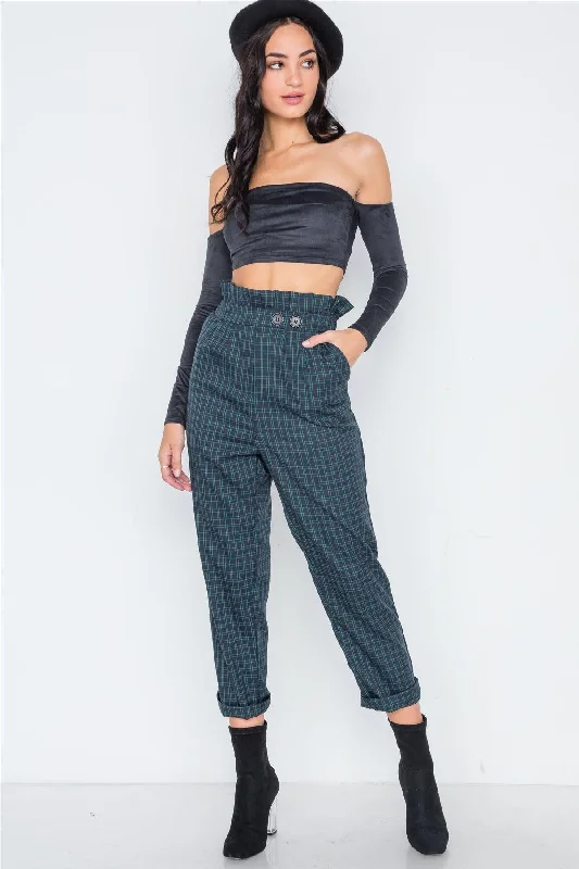 JeggingsIndigo Green Plaid Paper Bag Pants /2-2-1