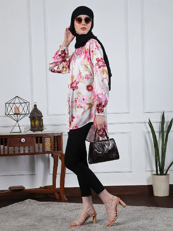 Nabia Multi-Color Floral Printed Front Open Modest Shirt for WomenMesh Shirts