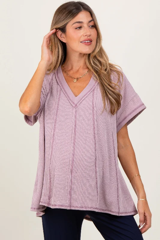 Mauve Striped Ribbed V-Neck Oversized Short Sleeve Maternity TopVNeckTopMesa