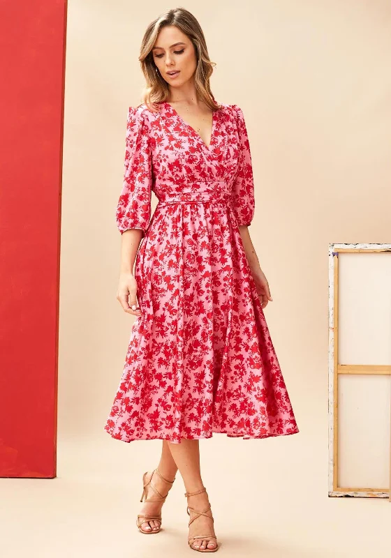 Kate Cooper Floral Banded Waist Midi Dress, Pink & RedBodycon Dress