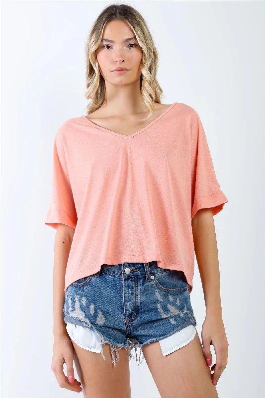 Coral Textured V-Neck Relaxed Short Sleeve Top /3-2-1VNeckTopLeviathan