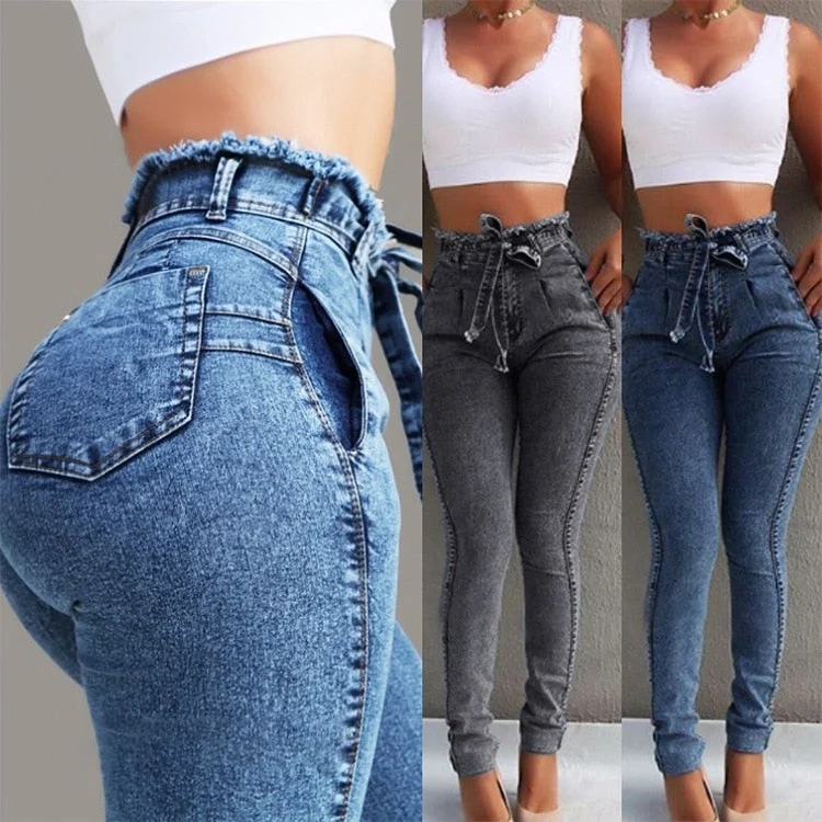 Free PeopleHigh Waist Jeans For Women Slim Stretch Denim Jean Bodycon Tassel Belt Bandage Skinny Push Up Jeans Woman