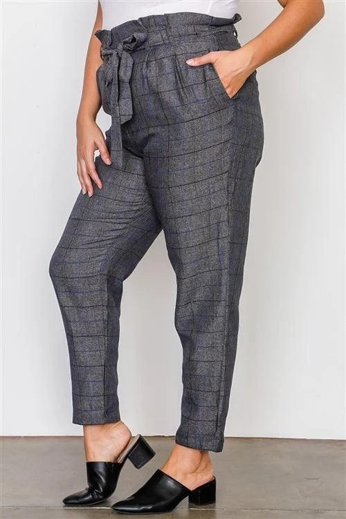 Hiking PantsPlus Size Grey Plaid Print Frill Waist Belted Pants /1-2