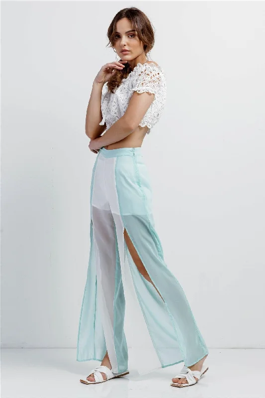 Boyfriend JeansSemi-Sheer Chiffon High Waist Front Slit Pants