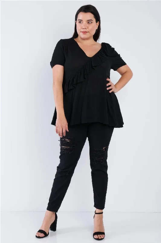 Junior Plus Size Black V-Neck Diagonal Ruffle Trim Short Sleeve Top /2-2-2VNeckTopNova