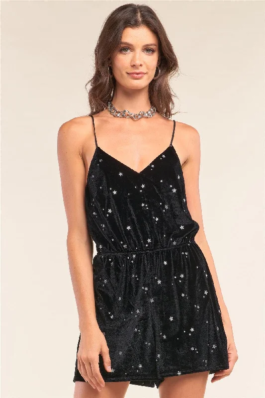 Reach The Stars Black & Silver Velvet Star Print V-Neck Open Back Spaghetti Strap Romper /1-2-2-1VNeckTopCurrent