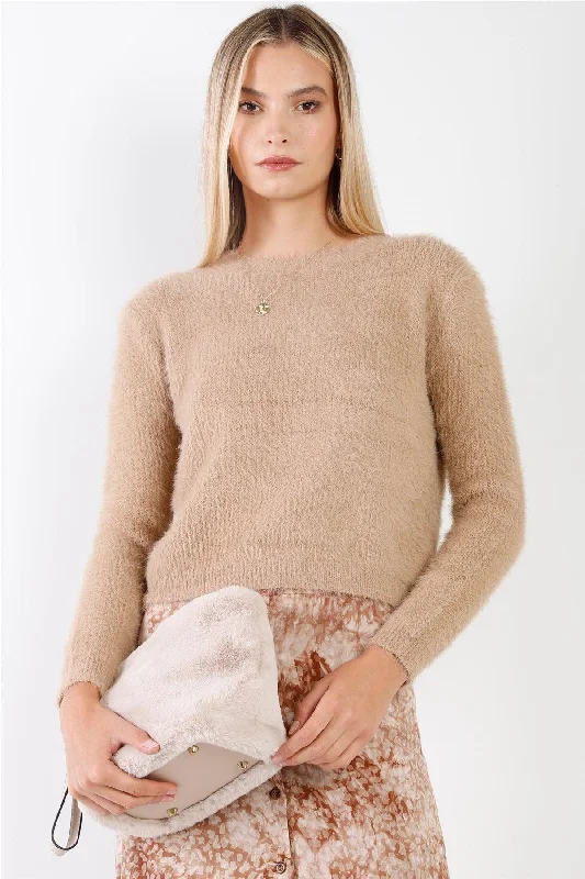 Taupe Fuzzy Knit Long Sleeve Crew Neck Cropped Sweaters /3-2-1