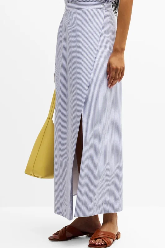 Wrap Slit Hem Maxi Skirt Blue StripeDress Shirts