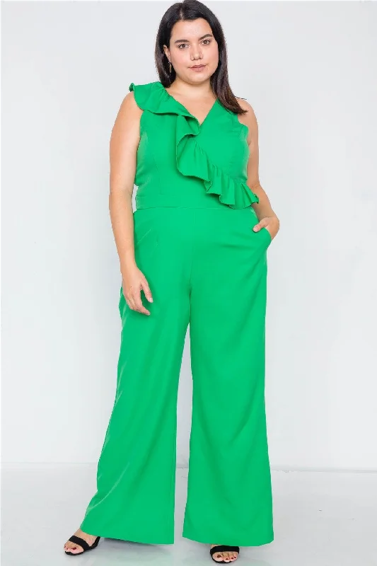 Junior Plus Size Green Flounce Surplus V-Neck Wide Leg Jumpsuit /3-2-1VNeckTopGladiator