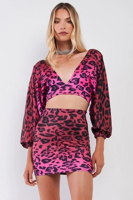 Pink Satin Animal Print V-Neck Open Back Dolman Sleeve Mini Skirt Set /3-1-1VNeckTopPro