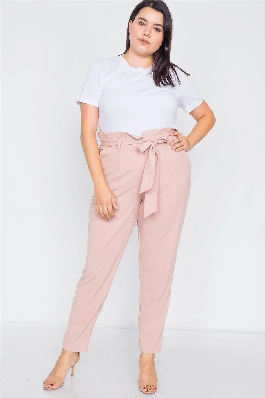 Pedal PushersPlus Size Mauve Ruched High-Waist Chic Pleated Pants /3-2-1