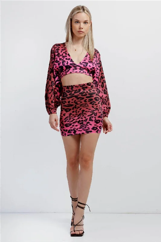 Pink Satin Animal Print V-Neck Open Back Dolman Sleeve Mini Skirt Set /3-2-1VNeckTopX