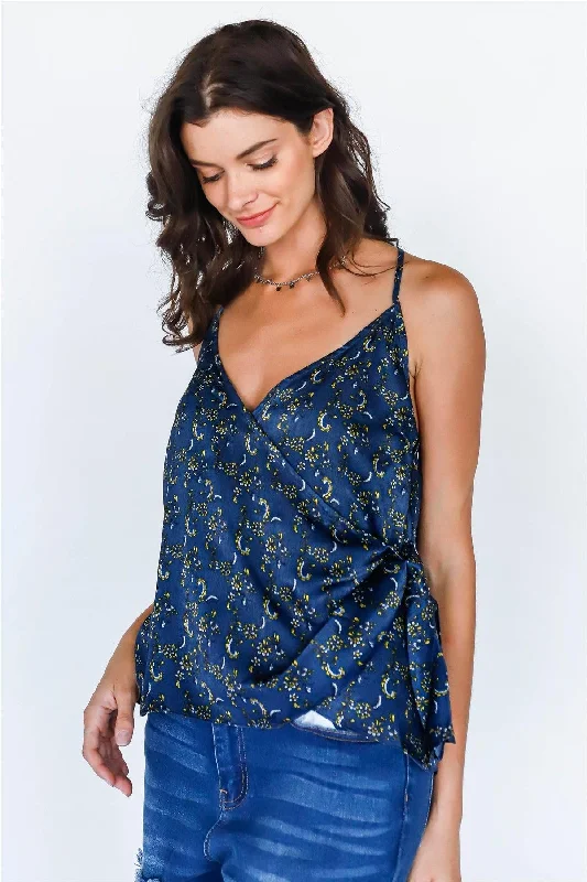 Blue Multi Floral Print Wrap V-Neck Sleeveless Top /2-3-1VNeckTopCrest