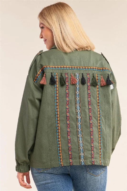 Junior Plus Size Olive Long Sleeve Tassel And Aztec Embroidery Back Trim Utility Jacket /1-2-2-1