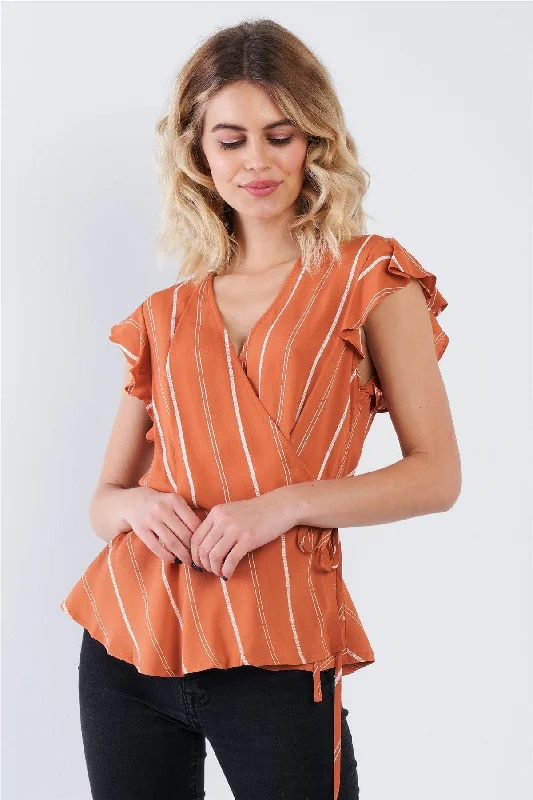 Dark Melon Orange Stripe Wrap Peplum Flounce Hem V-Neck Top  /1-2-2-1VNeckTopApex