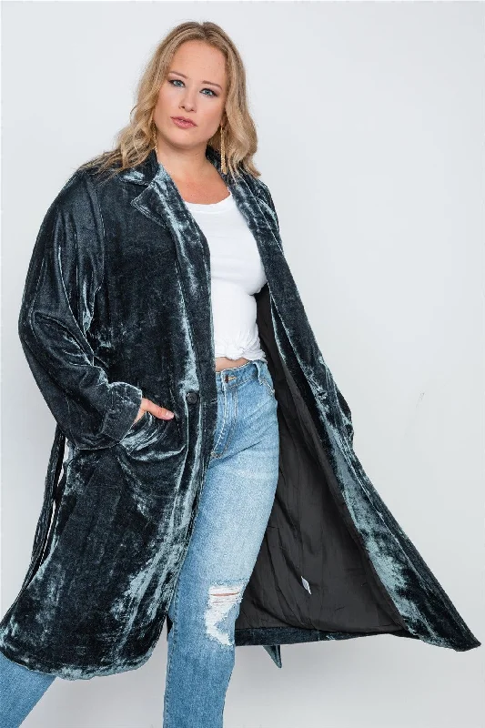 Plus Size Charcoal Velvet Long Sleeve Trench Coat /4-2