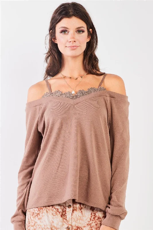 Mocha Off-The-Shoulder Lace Trim Long Sleeve Sweetheart Neck Relaxed Top /2-2-2