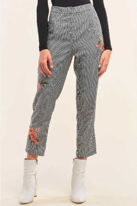 Carpenter PantsBlack Houndstooth Floral Embroidery High Waisted Pants