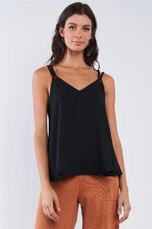 Solid Black Loose Fit Braided V-Neck Tassel Strap Cami Top /1-2-2-1VNeckTopStellar