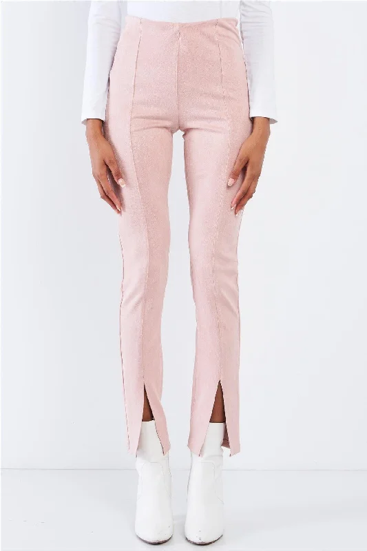 Pleated PantsWinter Blush Pink Suede High Waist Tight Fit Front Bottom Slit Accent Ankle Length Pants /3-2-1