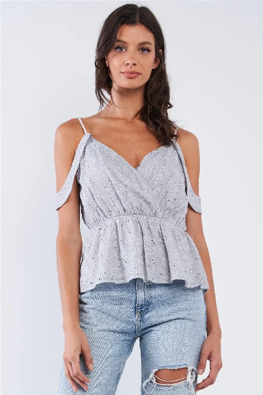 Dusty Blue Floral Crochet Front Wrap V-Neck Adjustable Strap Off-The-Shoulder Detail Top /1-2-2-1VNeckTopPrime