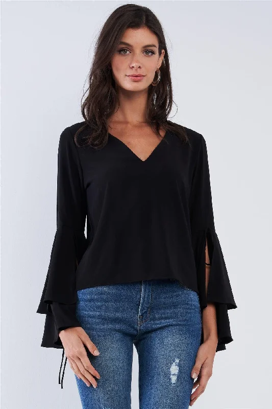 Jet Black V-Neck Long Bluebell Slit Draw String Tie Double Frill Sleeve Top /3-3VNeckTopGlow