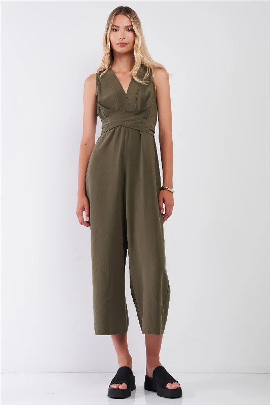 Olive V-Neck Sleeveless Back Self-Tie Waistline Wide Leg Ankle Length Jumpsuit /3-2-1VNeckTopGalaxy