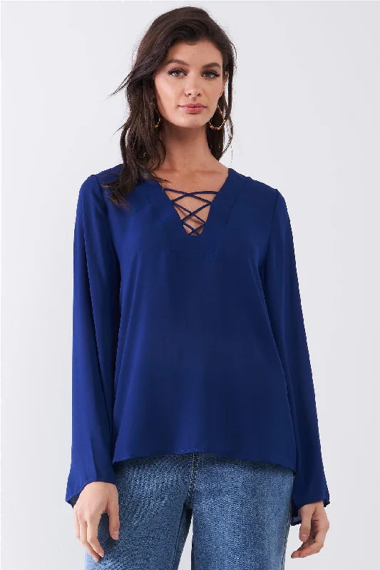 Deep Blue Long Sleeve Lace-Up Front V-Neck Detail Relaxed Blouse Top /1-1-2