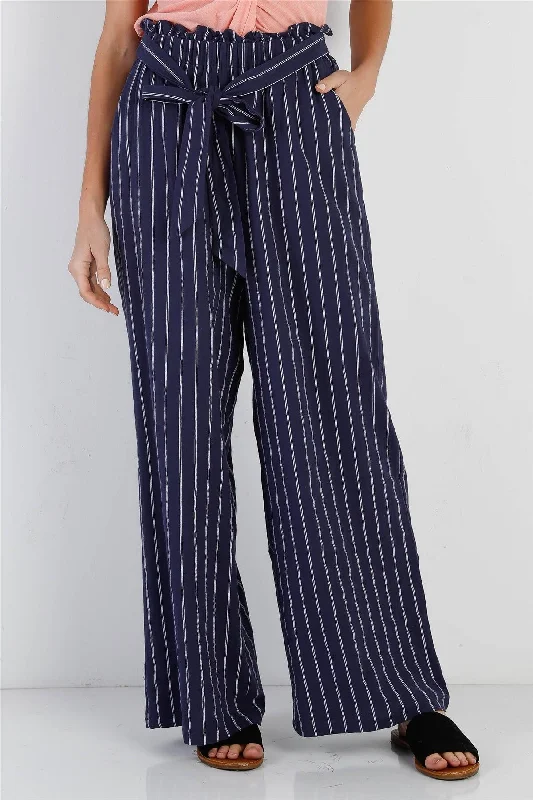 Cut-offsNavy & White Stripe Cotton Self-Tie Belted Wide Leg Pants /1-3-2-1