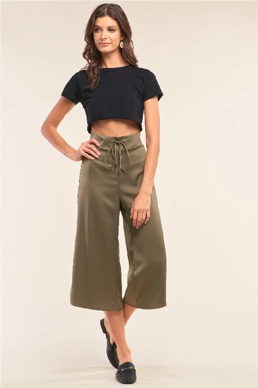 GauchosOlive Satin High Waisted Metallic Tip String Tie Flare Capri Pants /1-3-3