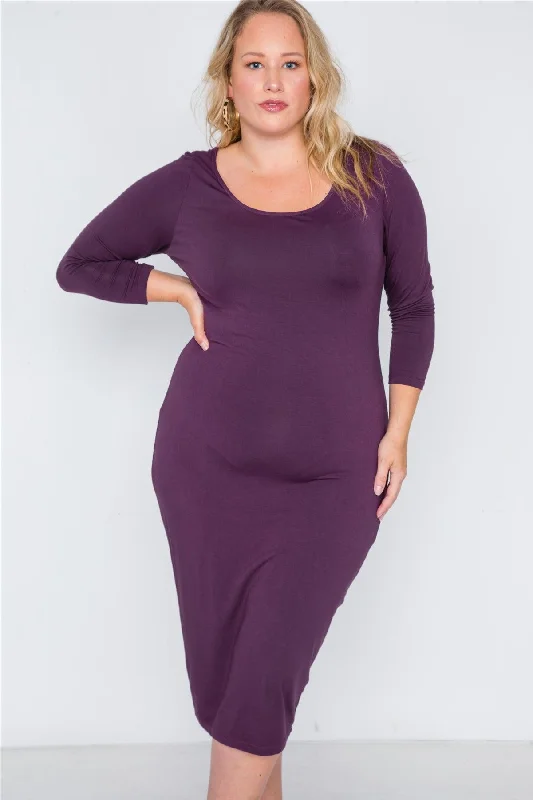 Junior Plus Size Berry Basic Long Sleeve Midi Dress /1-2-2-1