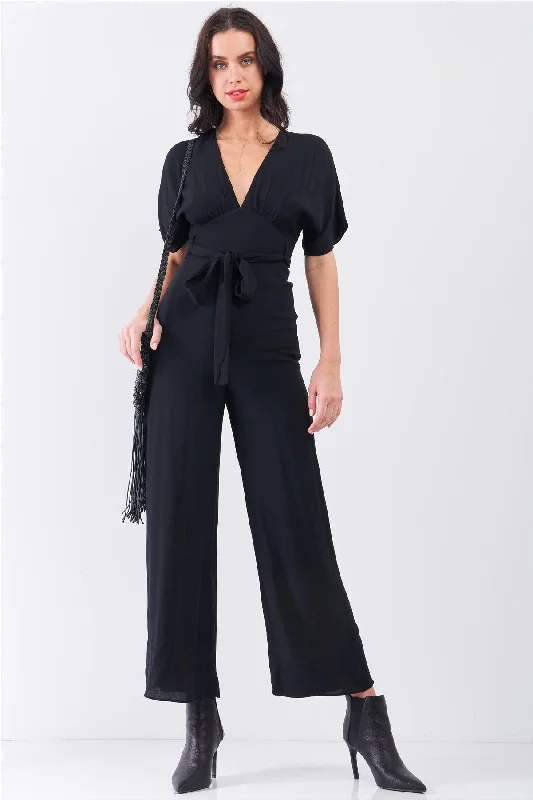 Jet Black Solid V-Neck Angel Sleeve Self-Tie Waist Detail Wide Leg Jumpsuit /3-2-1VNeckTopOasis