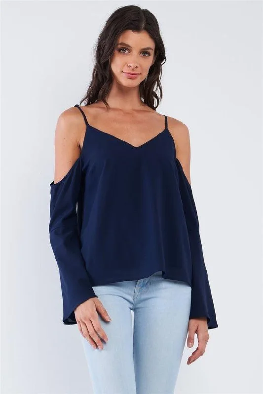 Navy Blue Relaxed Fit V-Neck Off-The-Shoulder Long Trumpet Sleeve Top /1-2-2-1VNeckTopAmber