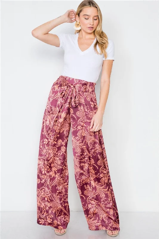 Straight-legBlush Floral Paisley Print High-Waist Wide Leg Pants /3-2-1