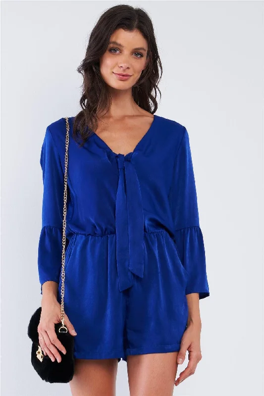 Cobalt Blue Satin Deep Plunge Self-Tie V-Neck Button Down Long Bluebell Sleeve Romper /2-2-2-1VNeckTopOasis