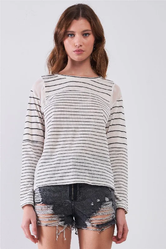 Ivory & Black Striped Long Sleeve Sheer Mesh Cut-Ins Detail Relaxed Top /1-2-2-1