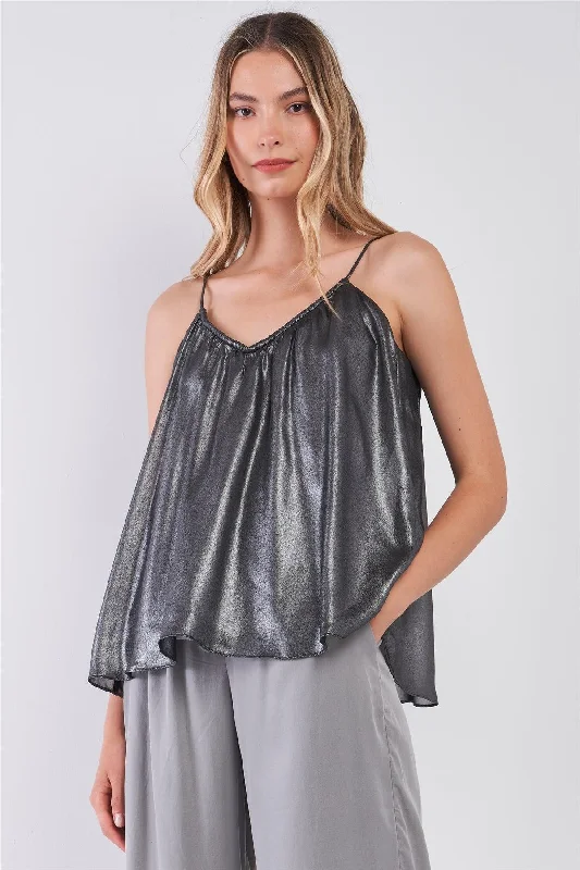 Silver Black Soft V-Neck Sleeveless Gathered Loose Fit Top /1-2-2-1VNeckTopGalaxy