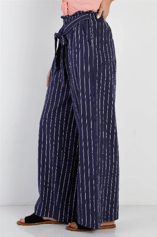 Hot PantsNavy & White Stripe Cotton Self-Tie Belted Wide Leg Pants /1-2-1-1