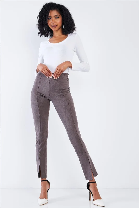 Pegged PantsConcrete Grey Suede High Waist Tight Fit Front Bottom Slit Accent Ankle Length Pants /3-2-1