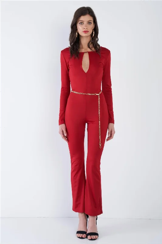 Red V-Neck Back Gold Hardware Keyhole Front Wide Leg Jumpsuit  /2-2-2VNeckTopRidge