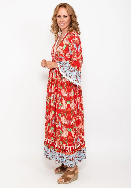 Seventy1 One Size Floral Bell Sleeve Maxi Dress, RedEmpire Waist Dress