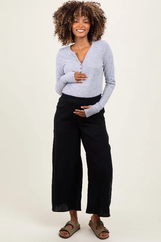 Casual PantsBlack Cotton Gauze Wide Leg Maternity Pants