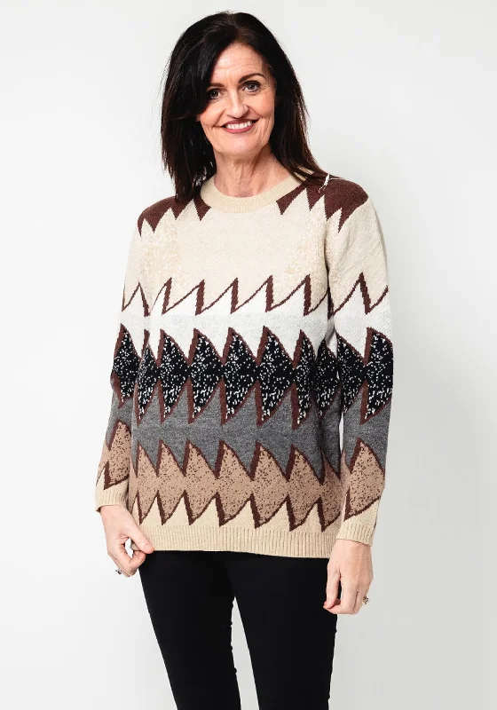 Serafina Collection One Size Zig Zag Knit Jumper, BeigeKnit Pullover