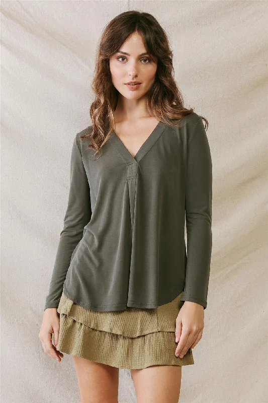 Dark Green V-Neck Long Sleeve Basic Relax Top /2-3-2