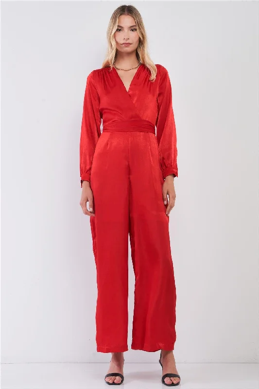 Scarlet Red Satin V-Neck Long Balloon Sleeve Wrap Tie Back Wide Leg Jumpsuit /1-2-2-1VNeckTopHive