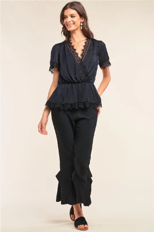 Black Satin Wrap Deep Plunge V-Neck Lace Hem Detail Flare Top /2-2VNeckTopUnicorn