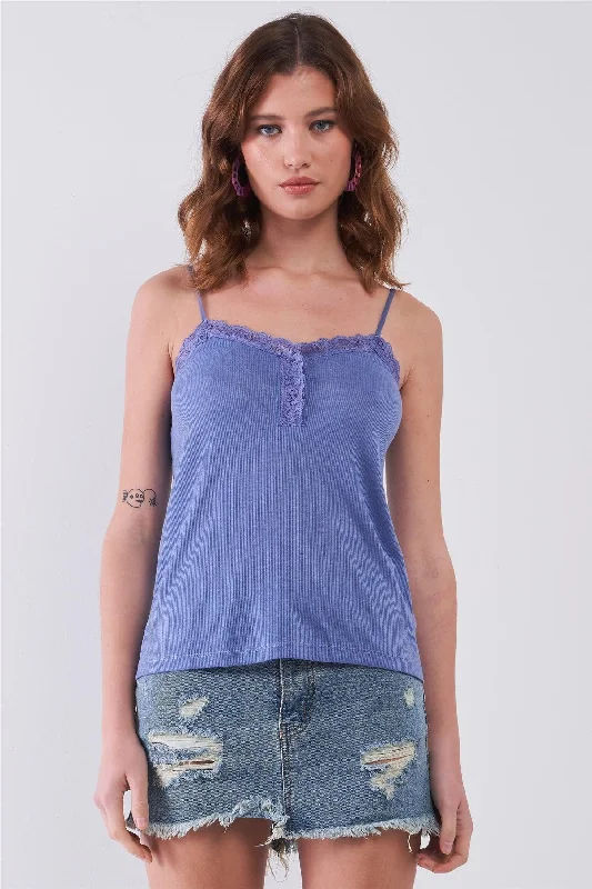 Lavender Blue Ribbed Sleeveless Lace Hem V-Neck Basic Top /1-2-2-1VNeckTopMesa